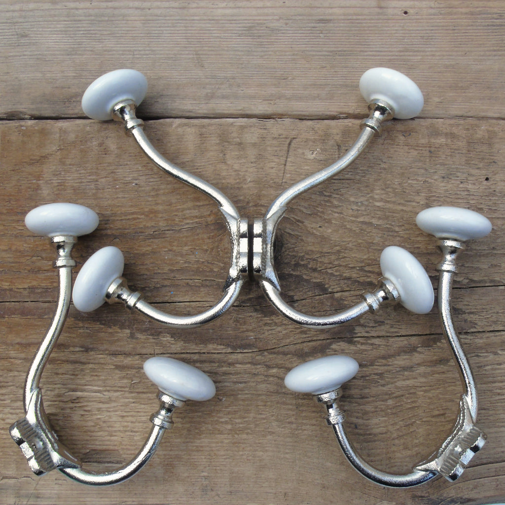 Set of 4 - Vintage White Ceramic Nickel Cast Iron Double Wall Hooks