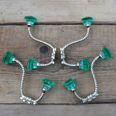 Set of 4 - Vintage Style Cast Iron Wall Hooks with Green Glass Ends