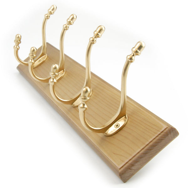 Vintage Style Light Oak Coat Rack with 4 Solid Polished Brass Hooks