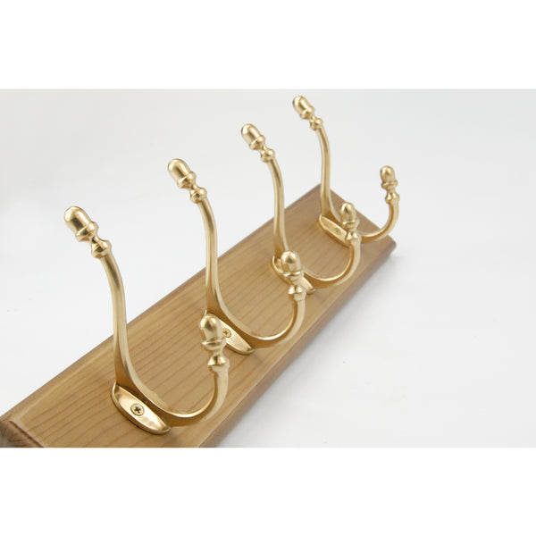 Vintage Style Light Oak Coat Rack with 4 Solid Polished Brass Hooks