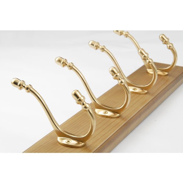 Vintage Style Light Oak Coat Rack with 4 Solid Polished Brass Hooks