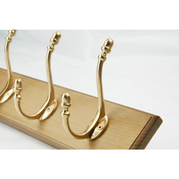 Vintage Style Light Oak Coat Rack with 4 Solid Polished Brass Hooks