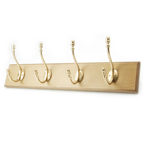 Vintage Style Light Oak Coat Rack with 4 Solid Polished Brass Hooks