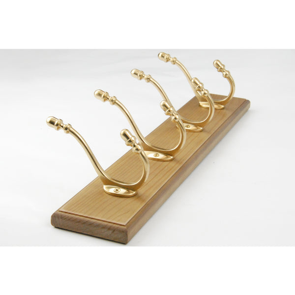 Vintage Style Light Oak Coat Rack with 4 Solid Polished Brass Hooks