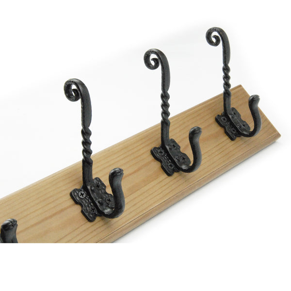 Vintage Style Light Oak Coat Rack with 4 Cast Iron Scroll Hooks