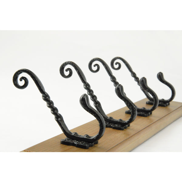 Vintage Style Light Oak Coat Rack with 4 Cast Iron Scroll Hooks