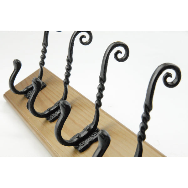 Vintage Style Light Oak Coat Rack with 4 Cast Iron Scroll Hooks