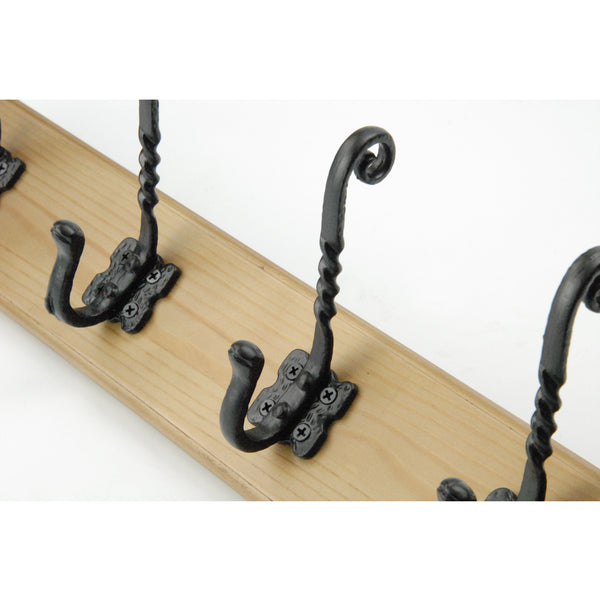 Vintage Style Light Oak Coat Rack with 4 Cast Iron Scroll Hooks