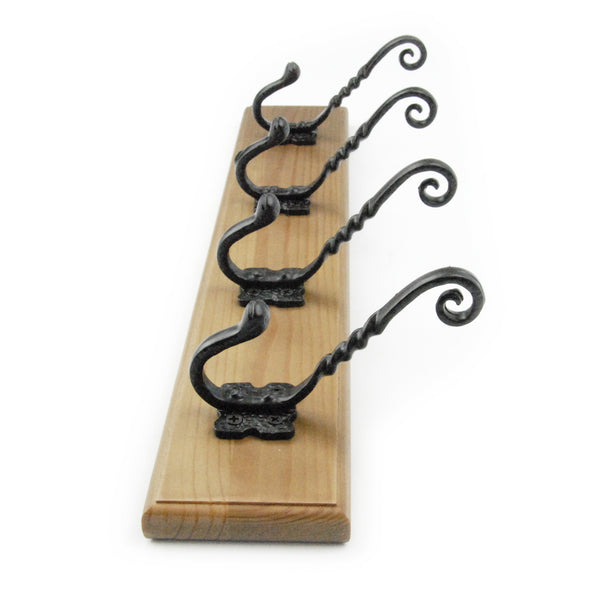 Vintage Style Light Oak Coat Rack with 4 Cast Iron Scroll Hooks