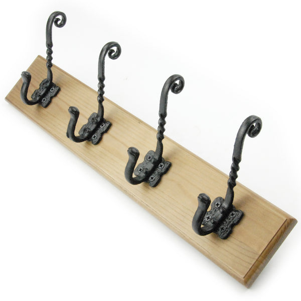 Vintage Style Light Oak Coat Rack with 4 Cast Iron Scroll Hooks