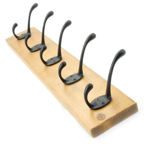 A Vintage Style Chunky Solid Wooden Coat Rack 5 Cast Iron Hooks