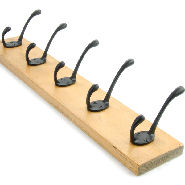 A Vintage Style Chunky Solid Wooden Coat Rack 5 Cast Iron Hooks