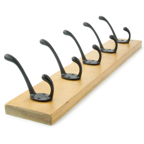 A Vintage Style Chunky Solid Wooden Coat Rack 5 Cast Iron Hooks