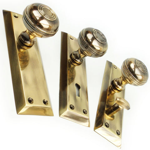 Bellport Antique Solid Brass Round Knob Door Handles on Backplate