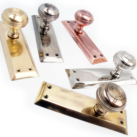 Bellport Solid Brass Round Knob Door Handles on Long Backplate