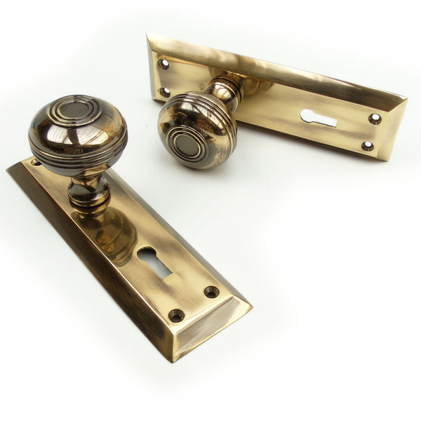 Bellport Antique Solid Brass Round Knob Door Handles on Backplate