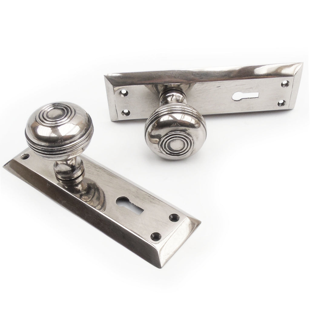 Bellport Antique Nickel Solid Brass Round Knob Door Handles on Backplate