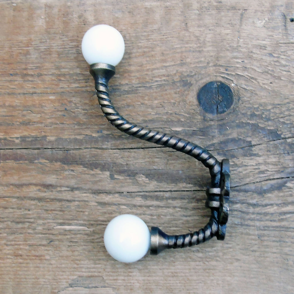 Antique Brass Double Coat Hook with Round White Knobs