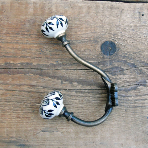 Antique Brass Double Hook with and Hand Painted Black & White Ends