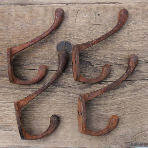 Set of 4 Rusty Vintage Style Cast Iron Double Wall Hooks