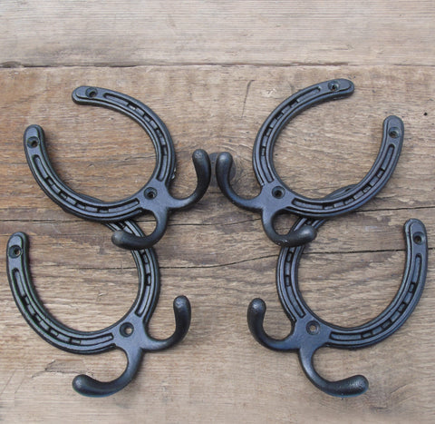 Horseshoe Cast Iron Double Wall Hooks  - Set of 4