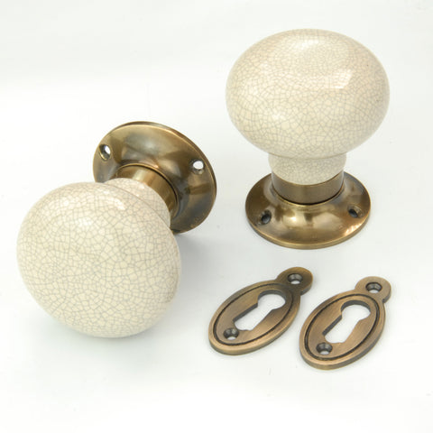 Ceramic Crackle Round Door Knobs Handles & Oval Escutcheons Antique Brass