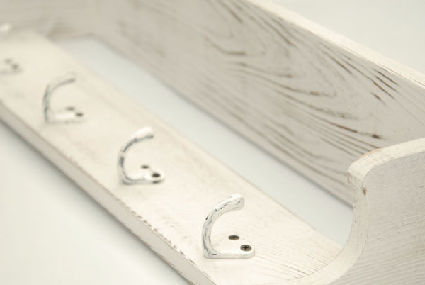 Distressed White Coat Rack with Shelf & White Cast Iron Hooks