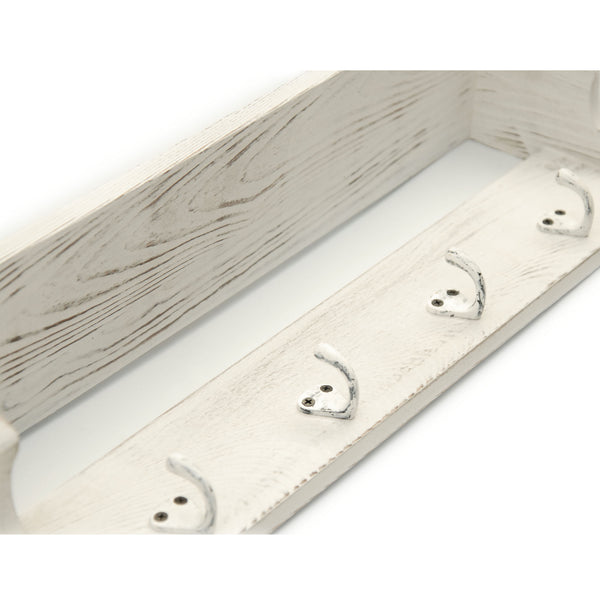 Distressed White Coat Rack with Shelf & White Cast Iron Hooks