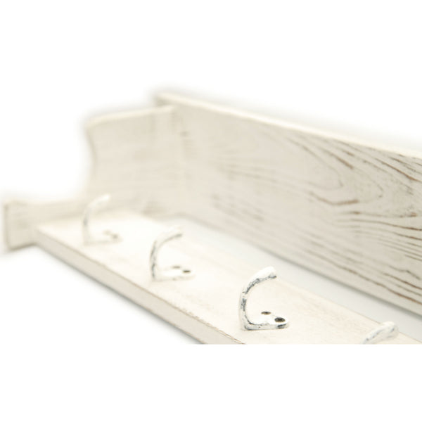 Distressed White Coat Rack with Shelf & White Cast Iron Hooks