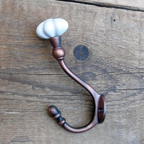Antique Copper Double Hook with white ceramic top