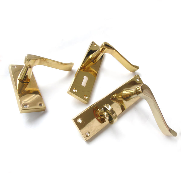Victorian Polished Brass Scroll Lever Latch Door Handles on Backplate
