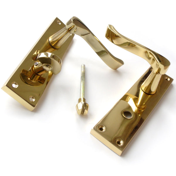 Victorian Polished Brass Scroll Lever Latch Door Handles on Backplate