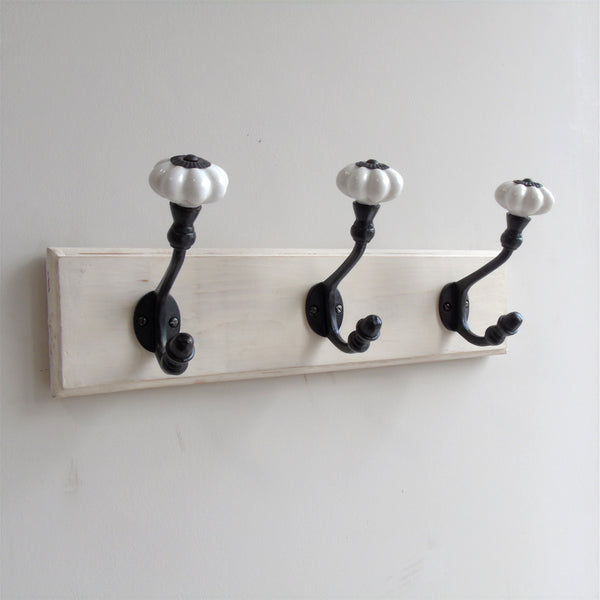 A Vintage White Painted Wooden Wall Door Storage Coat Rack  - Cast Iron Hook with Ceramic Hooks