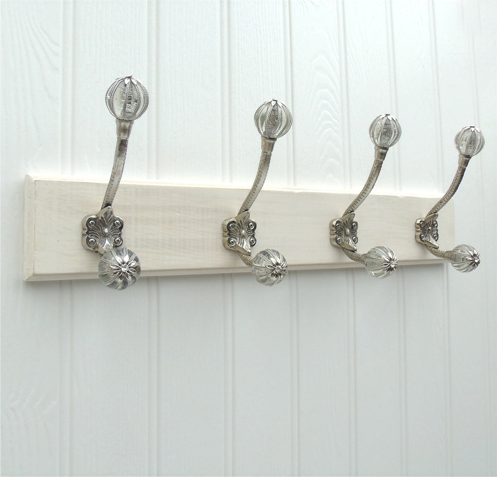A Vintage Style Wooden Wall Storage Hook Rack with 4 Chrome & Glass Hooks