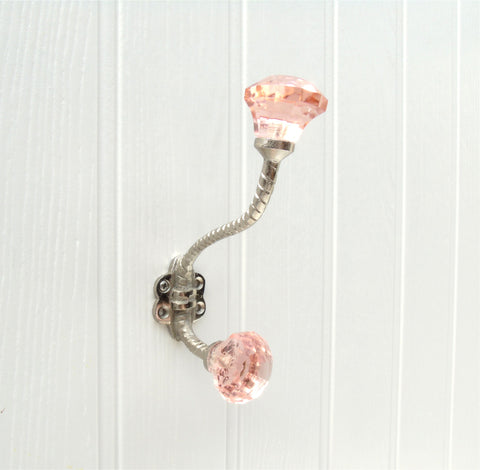 Vintage Style Cast Iron Wall Hook with Pink Glass knobs