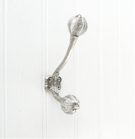 Vintage Style Cast Iron Wall Hook with Silver Twine Clear Glass Ends