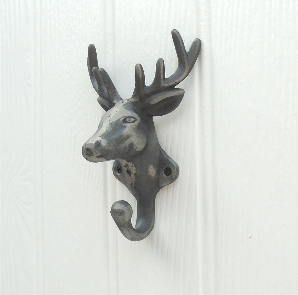 VINTAGE STAGS DEER HEAD METAL CAST IRON WALL COAT HOOK