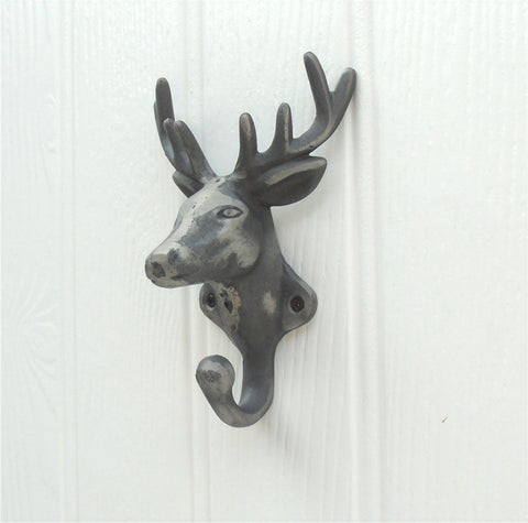 VINTAGE STAGS DEER HEAD METAL CAST IRON WALL COAT HOOK