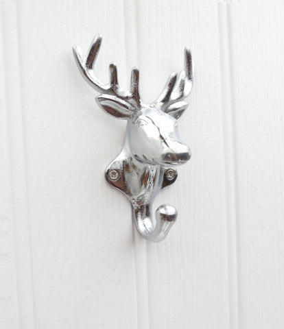 Silver Chrome Stags Head Cast Iron Metal Wall Coat Hook Rack Door Mounted Hanger