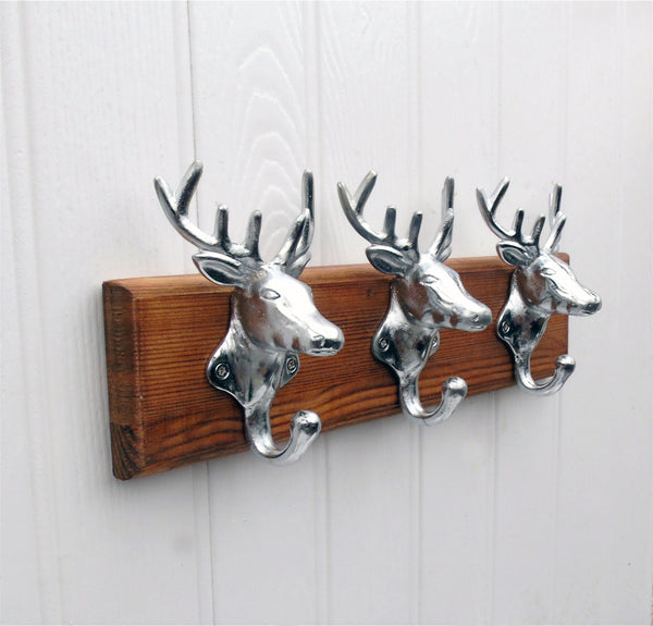 Chrome Stags Heads Coat Rack - Jones & Grey Vintage Antique Style Wooden Wall Mounted Cast Iron Hooks