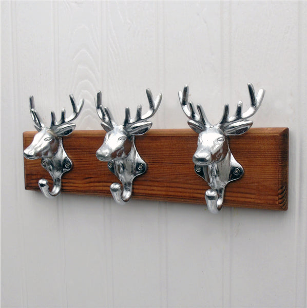 Chrome Stags Heads Coat Rack - Jones & Grey Vintage Antique Style Wooden Wall Mounted Cast Iron Hooks