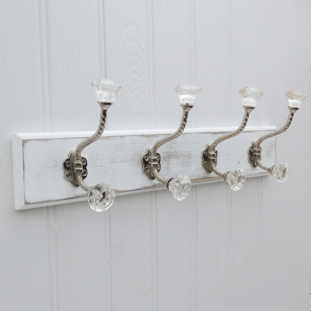 A Shabby Chic Wooden Coat Hook Rack with 4 Clear Glass Hooks