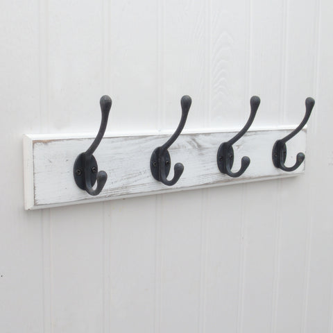 Shabby Chic Distressed White Coat Rack - 4 Cast Iron Double Hooks