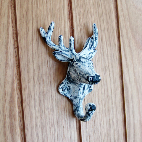A Rustic Distressed White Cast Iron Wall Hook - Stags Deer Head