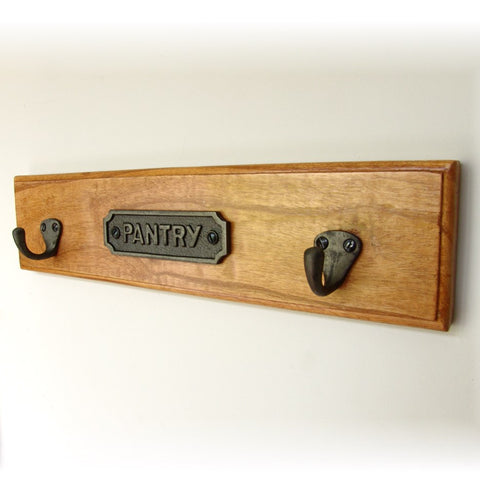 A Vintage Style Pantry Sign Wooden Wall Storage Hook Rack with Cast Iron Sign and 2 hooks