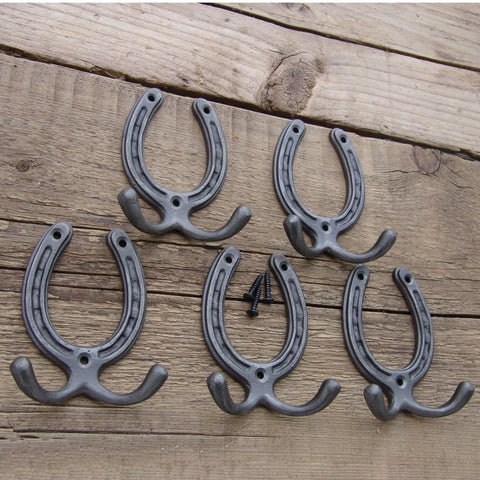 Horseshoe Cast Iron Double Wall Hooks  - Set of 5