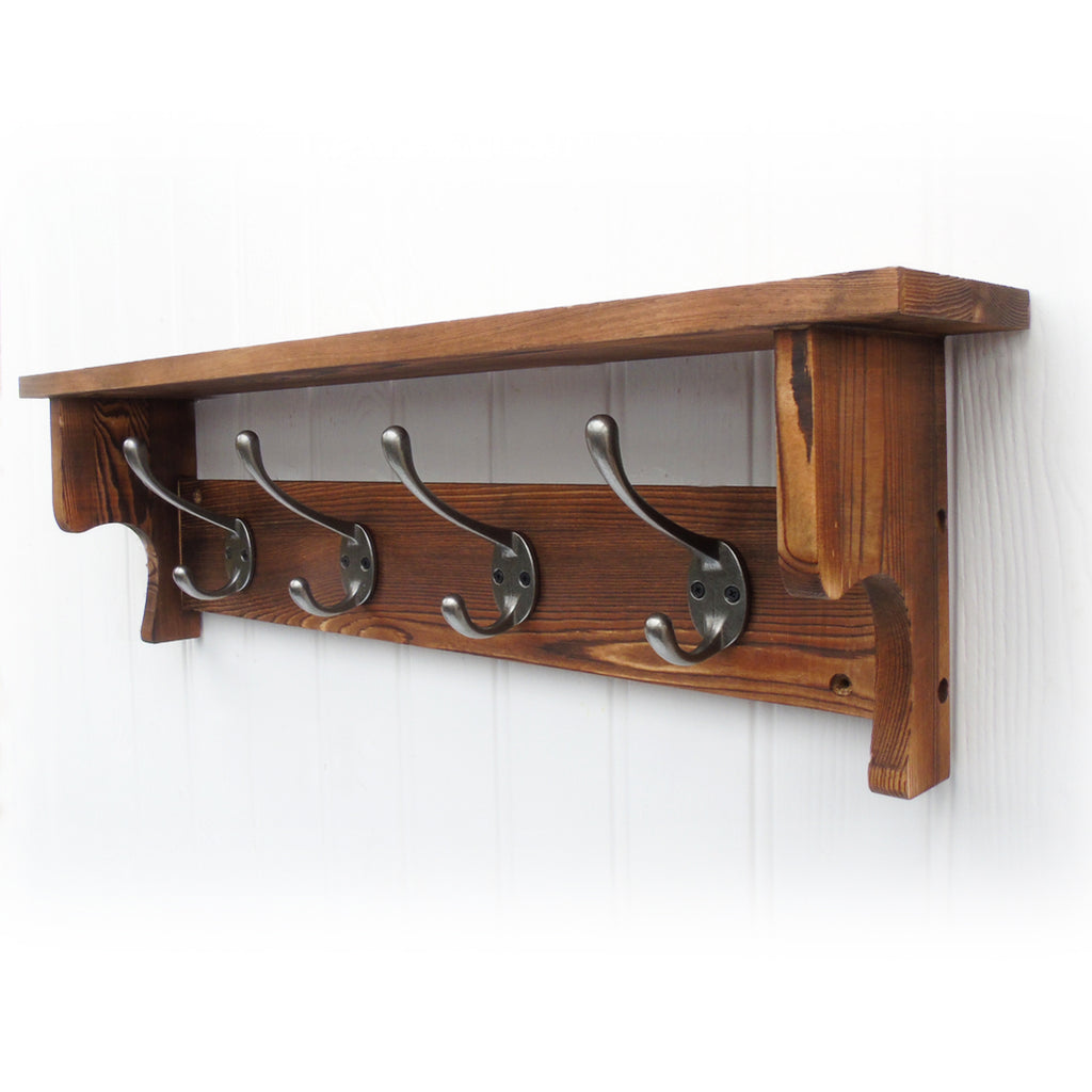 Rustic Wooden Coat Rack with Shelf & Double Cast Iron Hooks