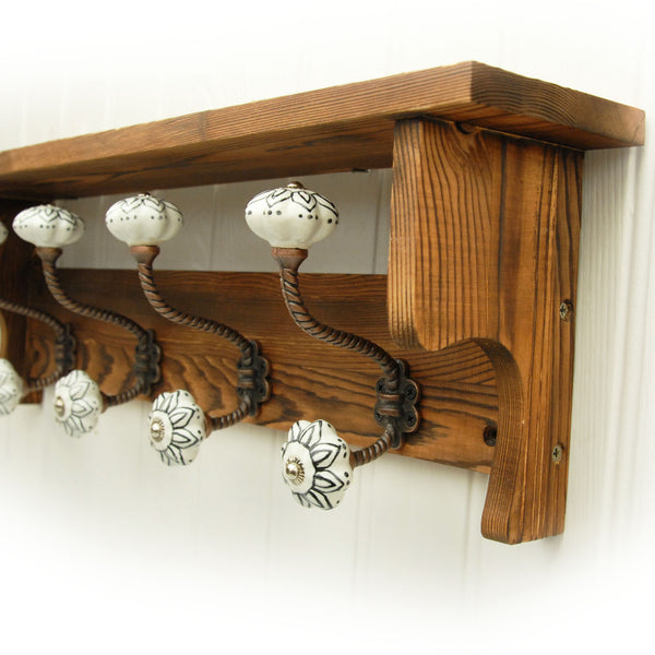 Jones and Grey Rustic Wooden Coat Rack with Shelf & Hand Painted Hooks