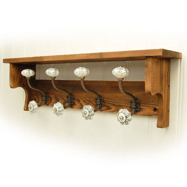 Jones and Grey Rustic Wooden Coat Rack with Shelf & Hand Painted Hooks