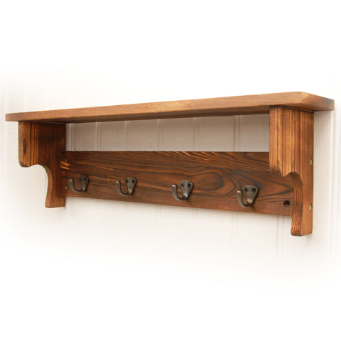 Jones and Grey Rustic Wooden Coat Rack with Shelf & Cast Iron Hooks
